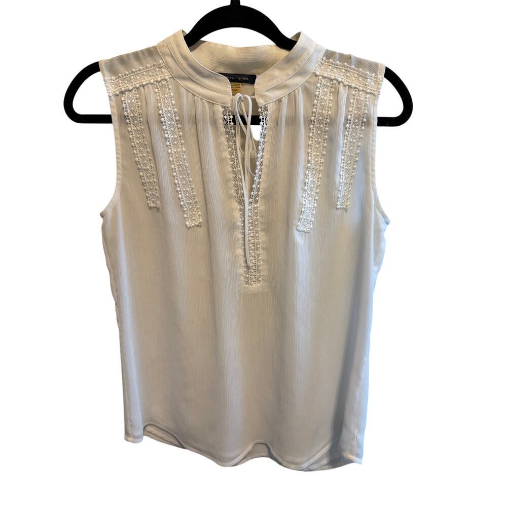 Tommy Hilfiger White Sleeveless Blouse Lace V-Neck Tie Front Women's Sz Small